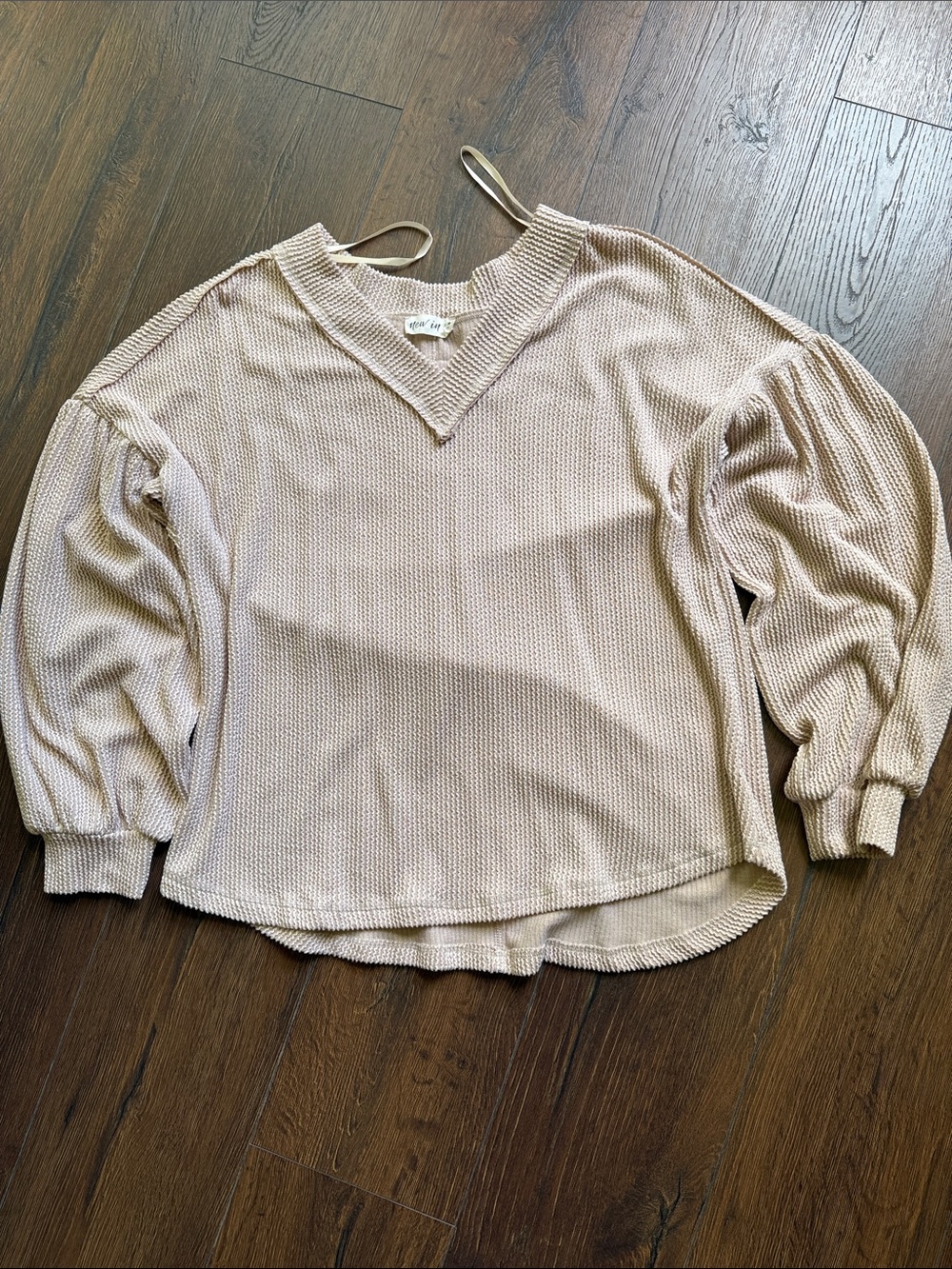 Women's V-Neck Waffle Knit Balloon Sleeve Top - Dusty Blush